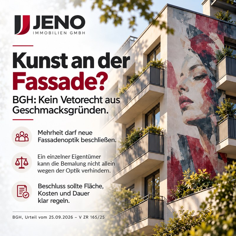 Hausfassade mit großformatigem Wandgemälde. Grafik zum BGH-Urteil V ZR 165/25: Die Mehrheit darf eine neue Fassadenoptik beschließen, ein einzelner Eigentümer kann die Bemalung nicht allein wegen der Optik verhindern, der Beschluss sollte Fläche, Kosten und Dauer klar regeln.
